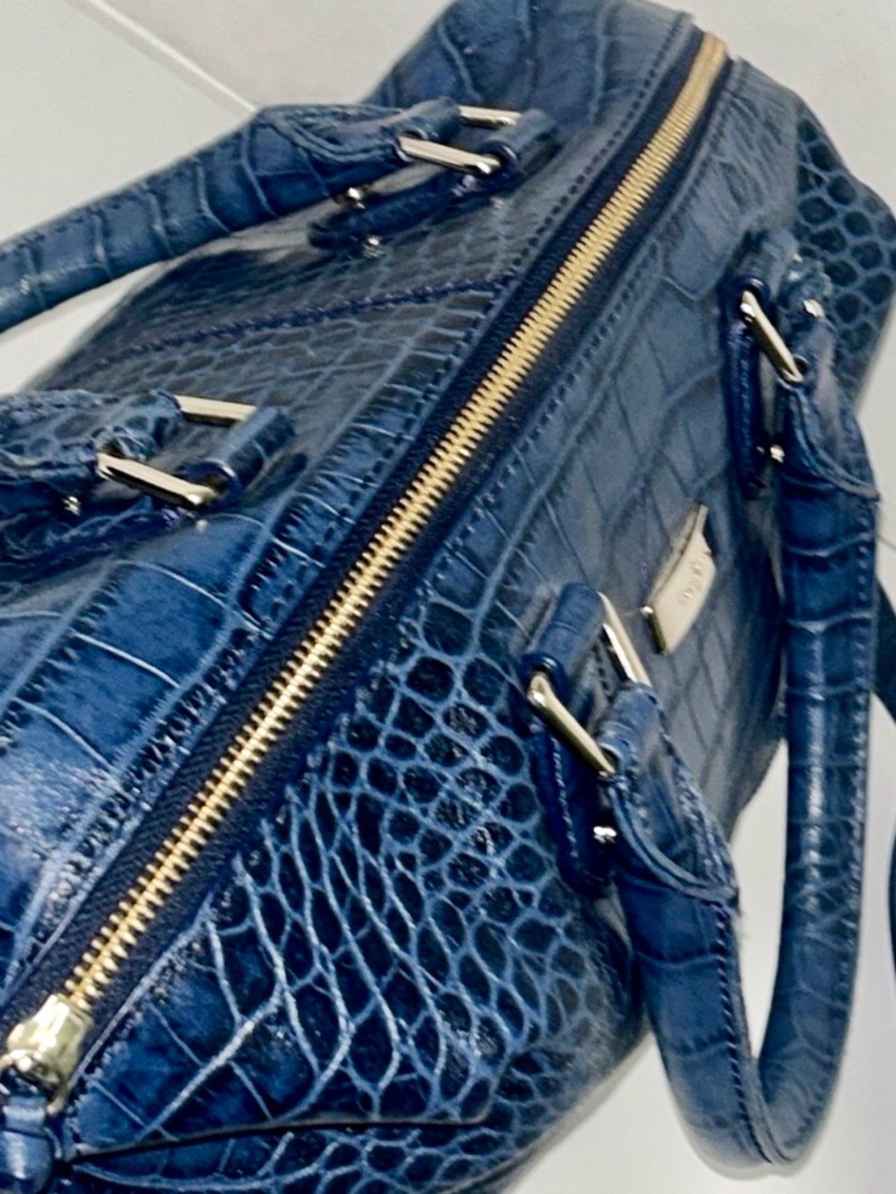 Cole Haan Navy Croc-Embossed Leather Satchel - Picture 3 of 7